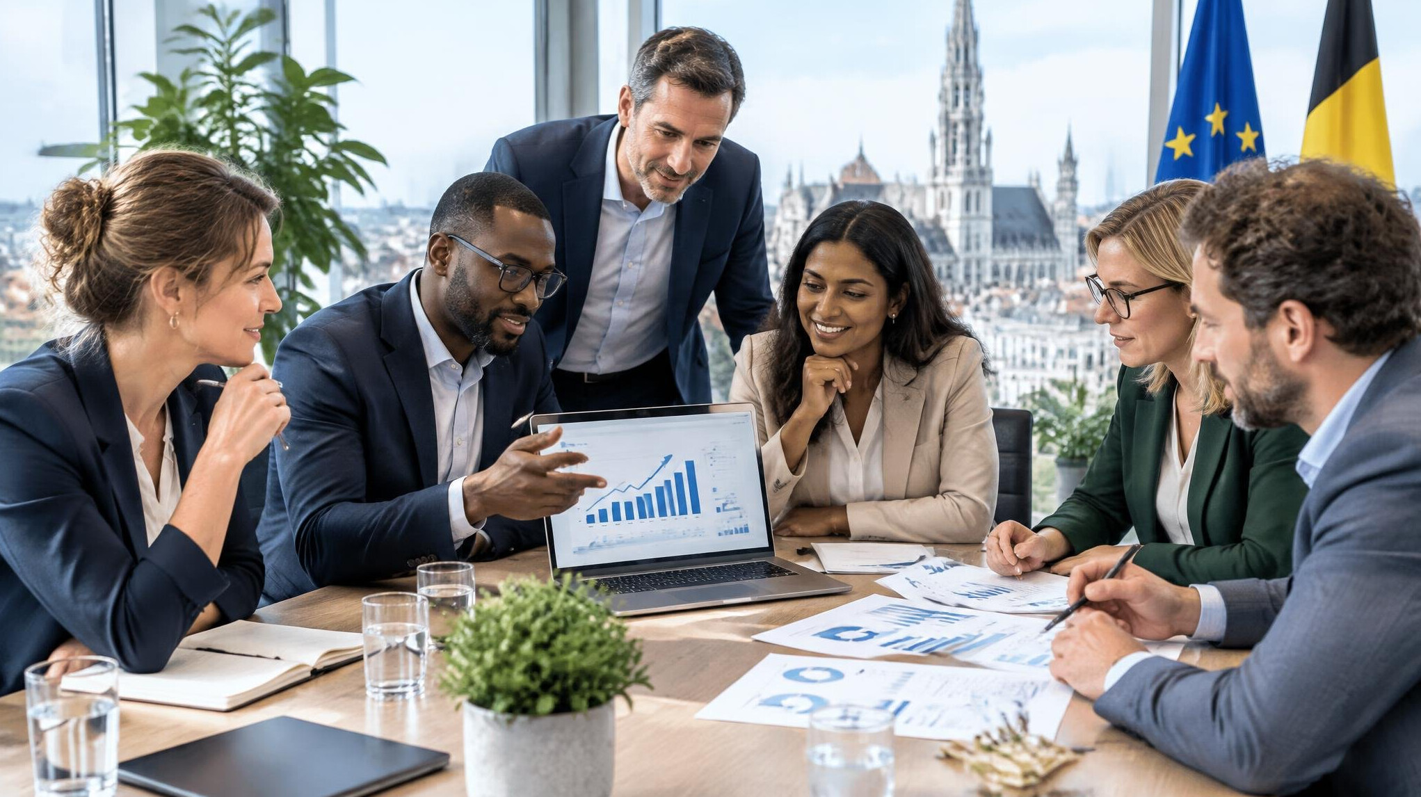 Diverse business team reviewing sales growth charts in a bright meeting room